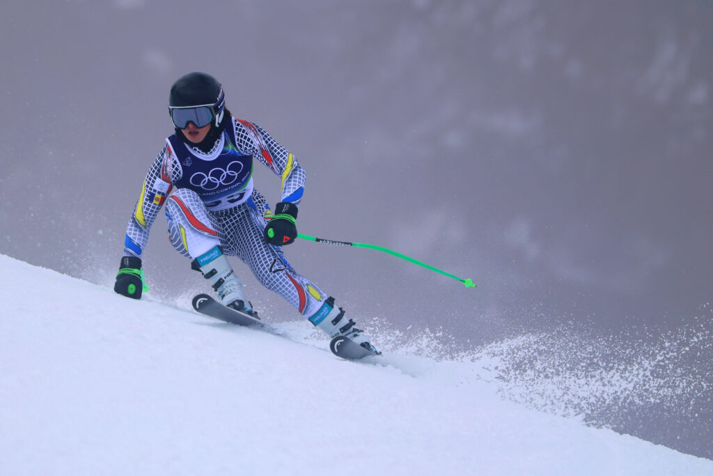 CORTINA D'AMPEZZO, ITALY - FEBRUARY 06: Jordina Caminal Santure of Team Andorra skis during the Women's Downhill training on day zero of the Milano Cortina 2026 Winter Olympics at Tofane Alpine Skiing Centre on February 06, 2026 in Cortina d'Ampezzo, Italy. (Photo by Julian Finney/Getty Images
